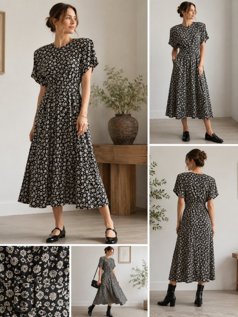Vintage Ann Taylor 100% Rayon Black Ivory Floral Midi Dress USA Belted Size 10